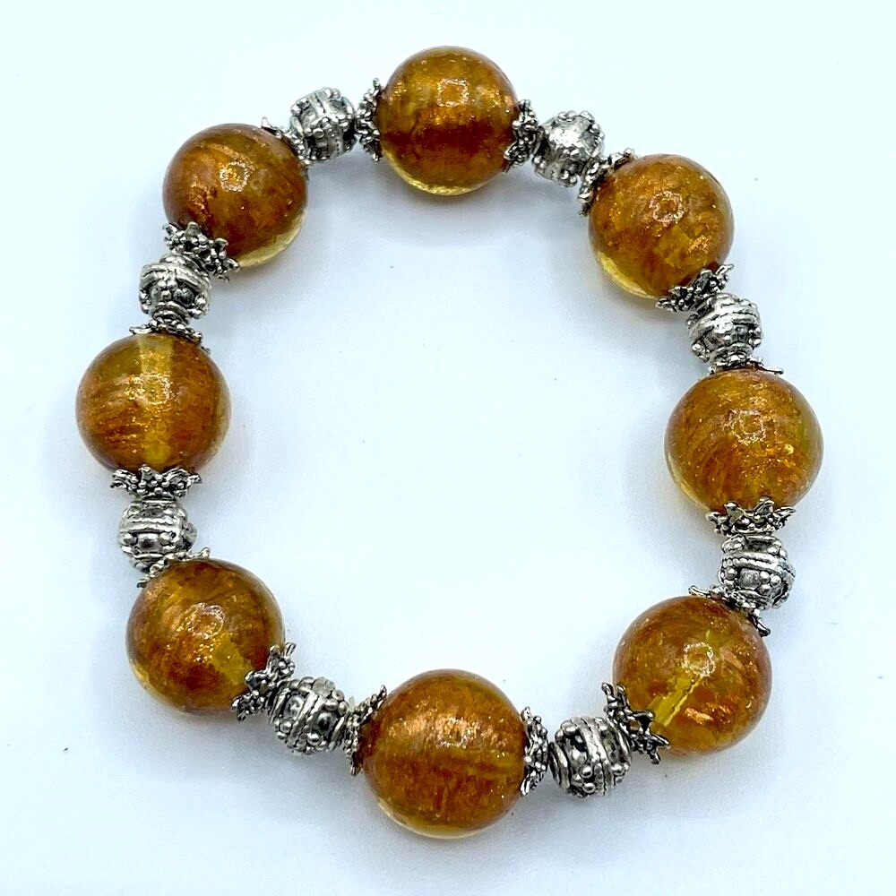 Stunning Amber Color Murano Glass Beaded Statement Stretch Bracelet Boho Bold